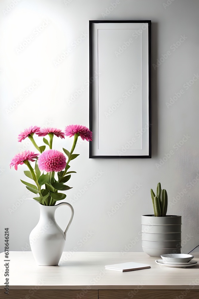 Minimal White Picture Frame Canvas Display With Flower in Vase Minimal White Picture Frame Canvas Display With Flower in Vase