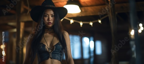 A Beautiful Badass Asian Cowgirl wearing Lingerwear - Amazing Cowgirl Background - Clothes are in the Raw, Tough and Grunge Style - Asian Cowgirl Wallpaper created with Generative AI Technology