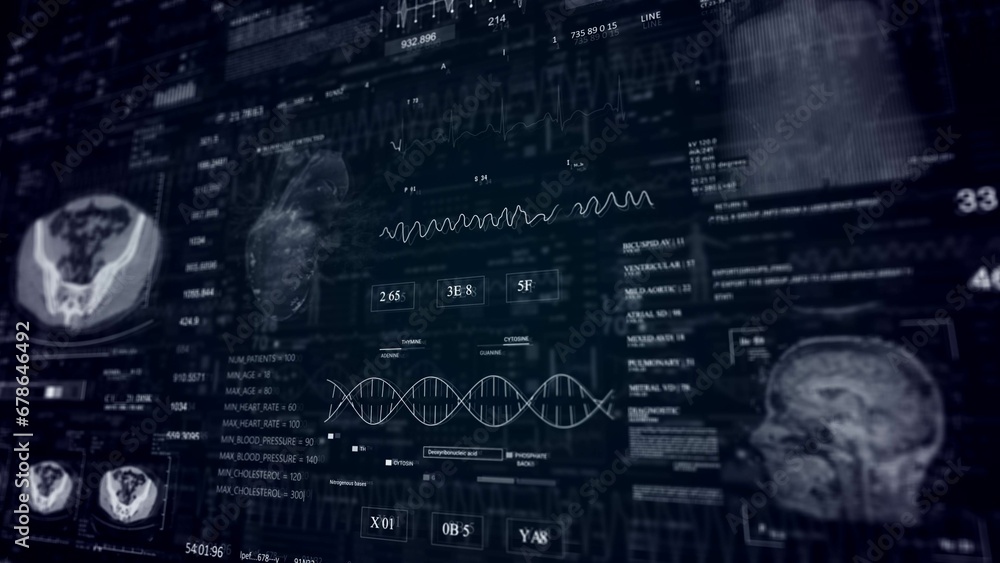 Medical HUD monitoring MRI x ray CT Scan. Healthcare.Heart rate monitor. Futuristic Technological Interface. Sceleton, 3D Model Animation. blue Medical HUD monitoring MRI x ray CT Scan. Healthcare.Heart rate monitor. Futuristic Technological Interface. Sceleton, 3D Model Animation. blue