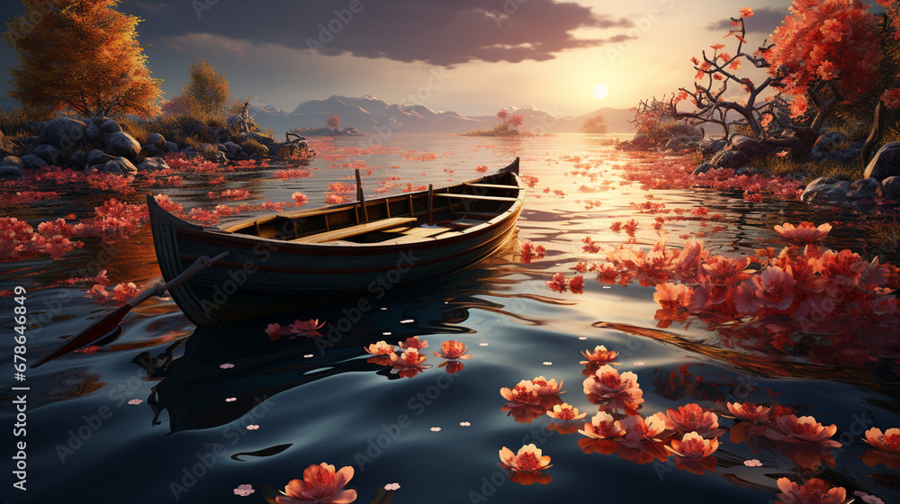 Obraz premium Boat with flowers in the lake.