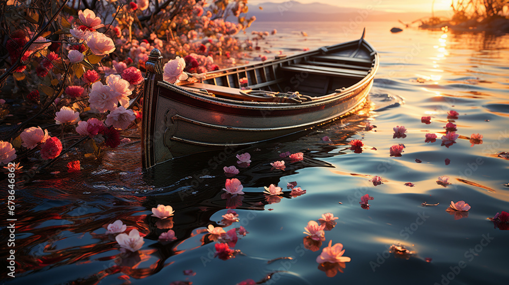 Fototapeta premium Boat with flowers in the lake.