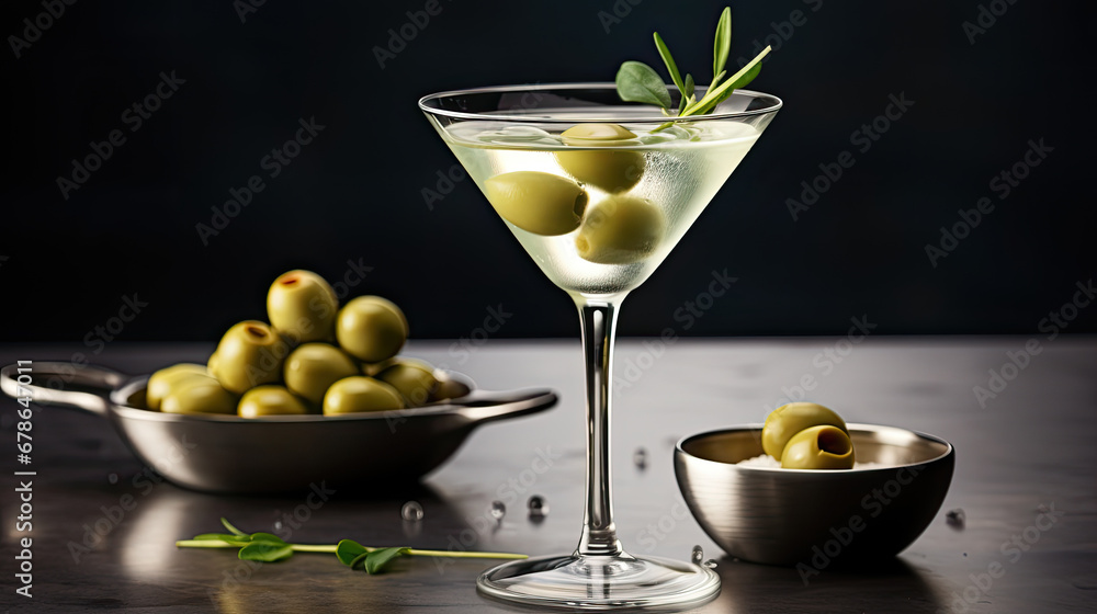 martini cocktail with olives, Classic martini cocktail with an olive twist.
