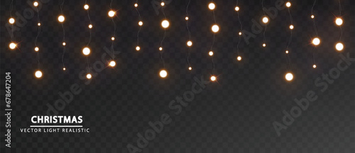 Holiday lights garland isolated. Christmas vertically hanging glowing shimmering lights on a dark background