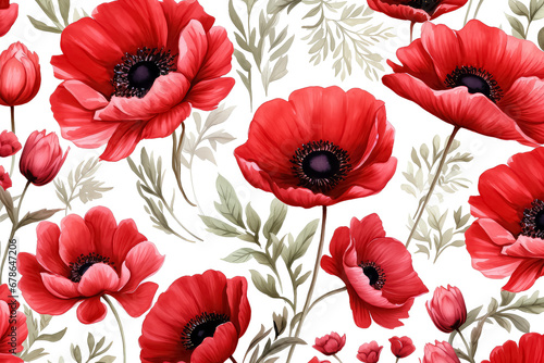 red poppies watercolor on white background  valentines day concept
