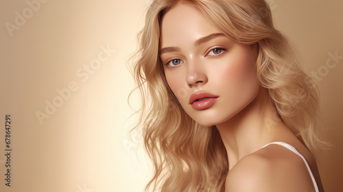 Portrait of a beautiful, sexy Caucasian woman with perfect skin and white long hair, on a beige cream background.