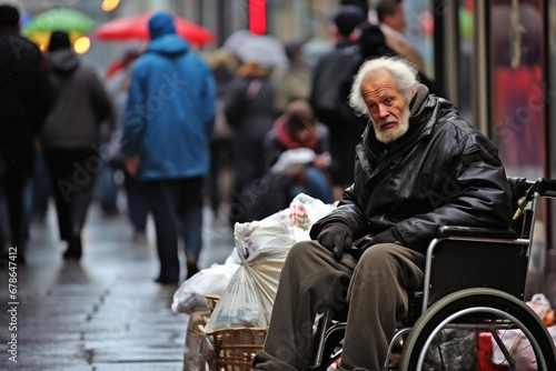 A pensioner begs for some change in the shopping street. photo