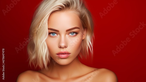 Portrait of a beautiful, sexy Caucasian woman with perfect skin and white long hair, on a red background.