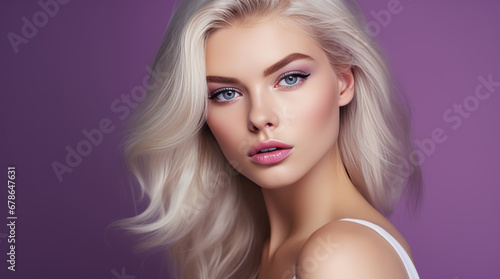 Portrait of a beautiful, sexy Caucasian woman with perfect skin and white long hair, on a purple background.