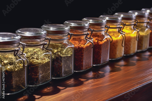 Close up of glass container of spices on wooden table in background of modern kitchen. Cooking concept of powder and seasoning.