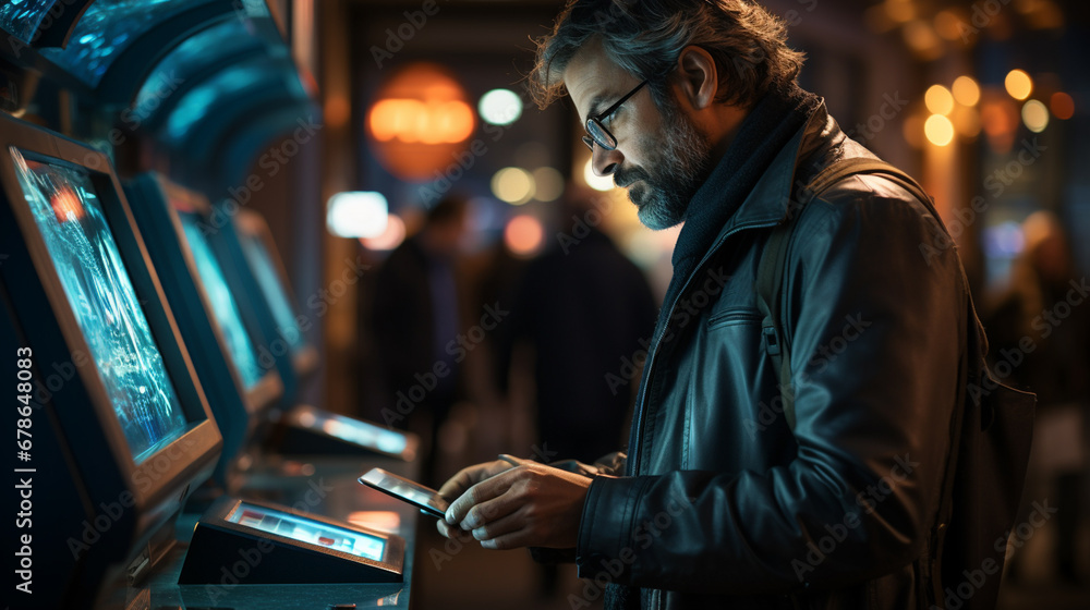 Man using ATM machine. - obrazy, fototapety, plakaty 