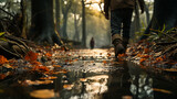 Male feets walking in autumn water in the forest.