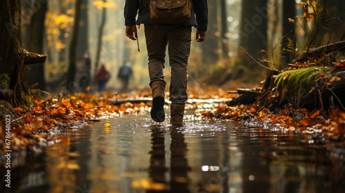 Male feets walking in autumn water in the forest.