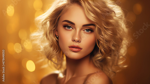 Portrait of a beautiful, sexy Caucasian woman with perfect skin and white long hair, on a golden background.