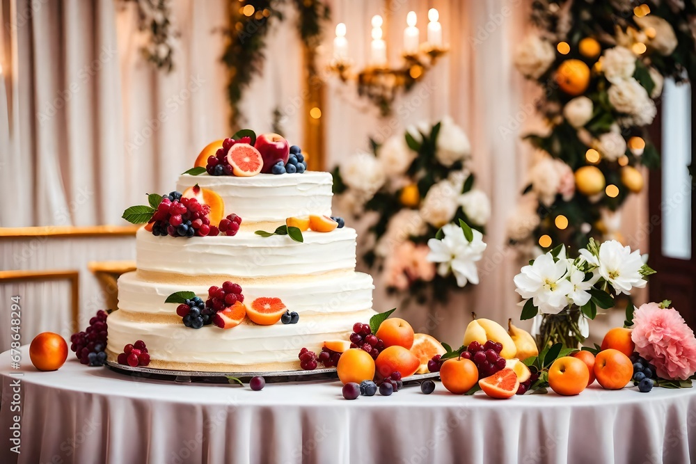 Delicious wedding cake with fruits and flowers perfectly decor, on table on light background in room interior