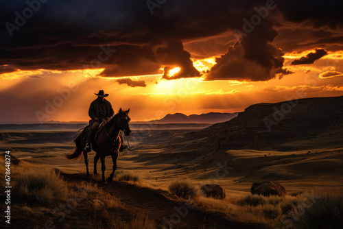 Breathtaking Sunset Landscape With Cowboy On Horse © Anastasiia