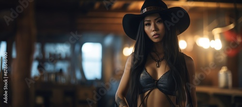 A Beautiful Badass Asian Cowgirl wearing Lingerwear - Amazing Cowgirl Background - Clothes are in the Raw, Tough and Grunge Style - Asian Cowgirl Wallpaper created with Generative AI Technology