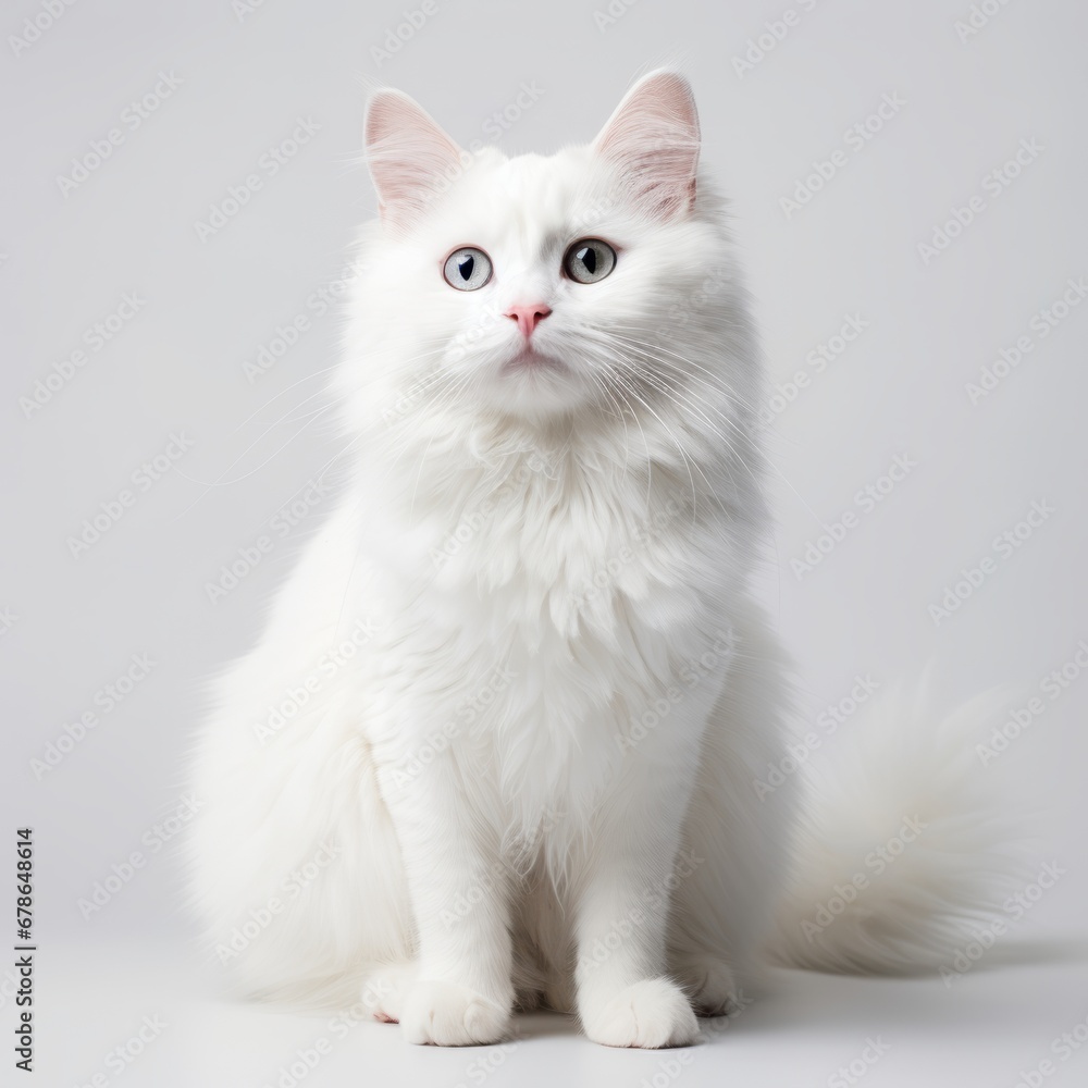 Sitting white cat, isolated on white background, AI generated