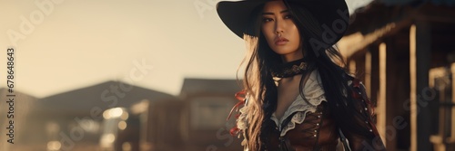 A Beautiful Badass Asian Cowgirl wearing Lingerwear - Amazing Cowgirl Background - Clothes are in the Raw, Tough and Grunge Style - Asian Cowgirl Wallpaper created with Generative AI Technology photo