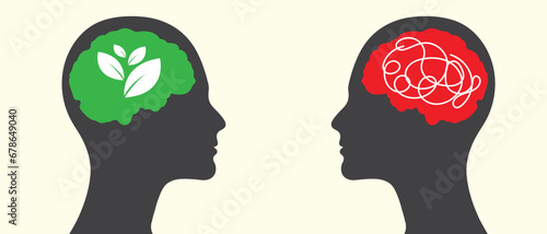 growth mind vs mixed mind with Psychology Dual personality concept. 2 Head silhouette. Mental health