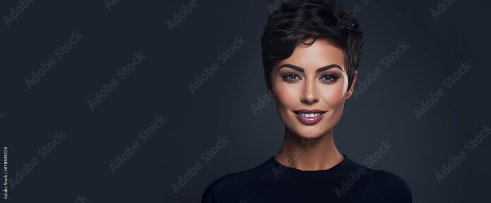 Portrait of a beautiful, sexy smiling Caucasian woman with perfect skin and short hair, on a dark blue background. Portrait of a beautiful, sexy smiling Caucasian woman with perfect skin and short hair, on a dark blue background.