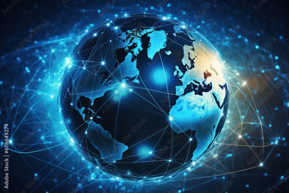 Global world telecommunication network with nodes connected around earth, concept about internet and worldwide communication technology. Night earth global virtual internet world connection