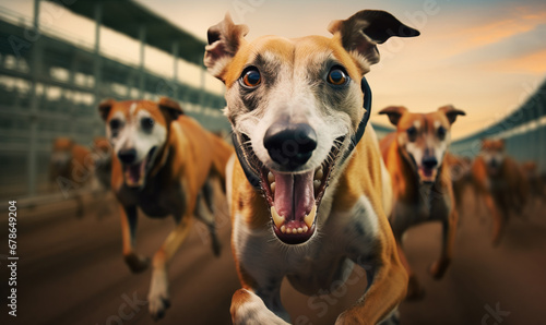 Extreme close-up of sprinting greyhound dog in competition race photo