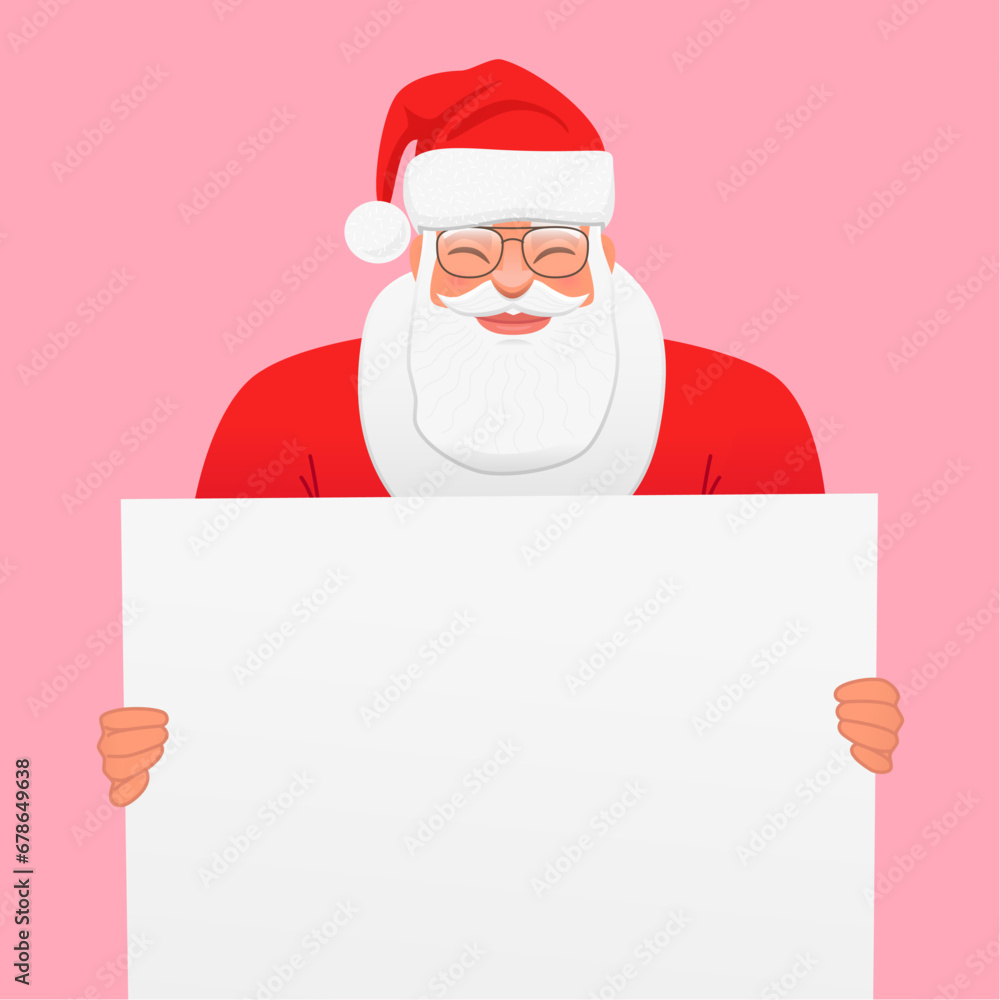 Cute Santa Claus is holding a white empty poster in his hands. A template, a place for your ad. Vector illustration Cute Santa Claus is holding a white empty poster in his hands. A template, a place for your ad. Vector illustration