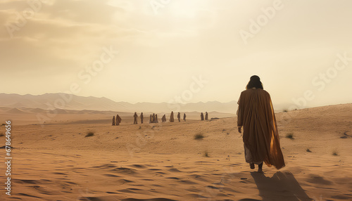 Man in the desert walking in search of an oasis photo