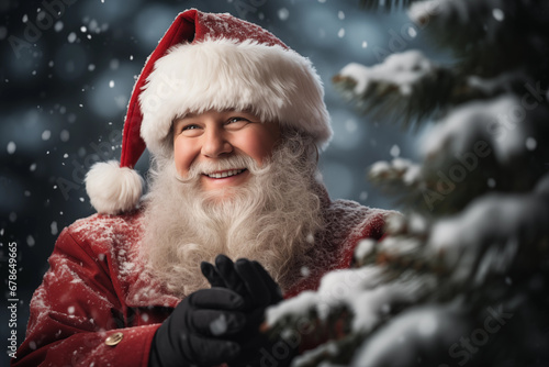 Smiling Santa Claus near the Christmas tree in the forest