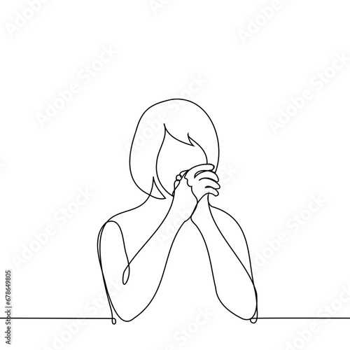 woman clasped her hands in a prayer gesture - one line art vector. concept prayer, mantra