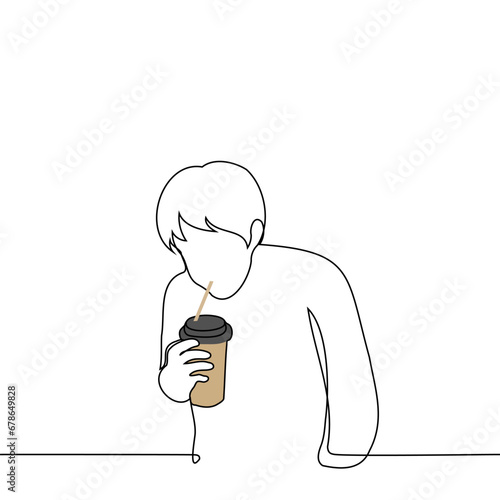 man leaning over drinks a drink from a straw from a plastic cup - one line art vector. concept caffeine addiction, teenager secretly drinking coffee