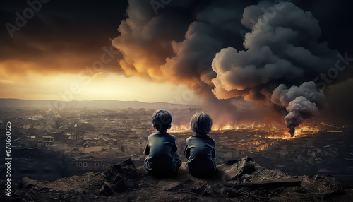 Aftermath of war - children sitting on a hill and looking at a ruined city