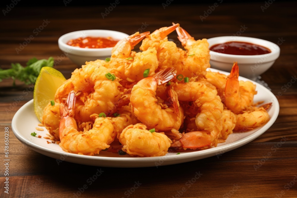 Crunchy Tempura Shrimp With Dipping Sauce. Сoncept Japanese Cuisine, Tempura Shrimp, Dipping Sauce, Delicious Appetizer Crunchy Tempura Shrimp With Dipping Sauce. Сoncept Japanese Cuisine, Tempura Shrimp, Dipping Sauce, Delicious Appetizer