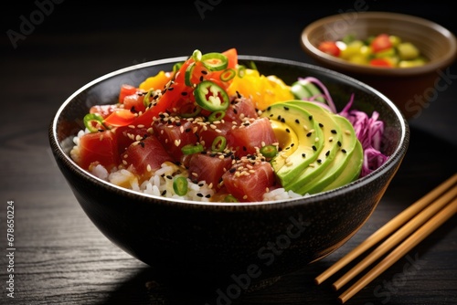 Colorful Hawaiian Poke Bowl With Tuna And Avocado