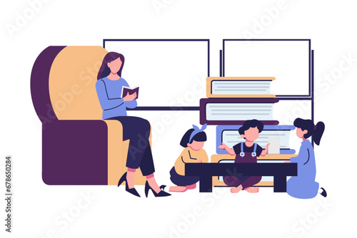 teaching children to acquire knowledge from books flat style illustration vector design