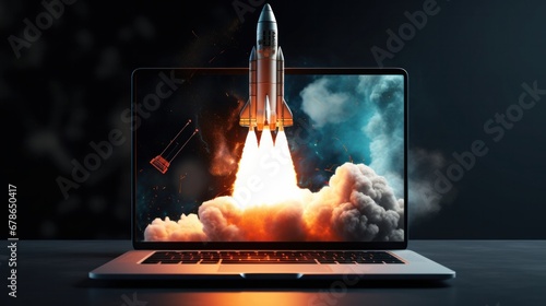 From the laptop screen, launch a space rocket