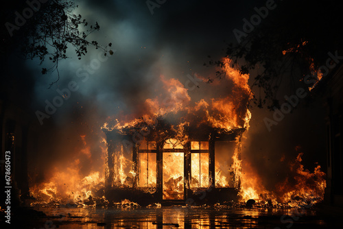 A burning building at night. The house on fire.