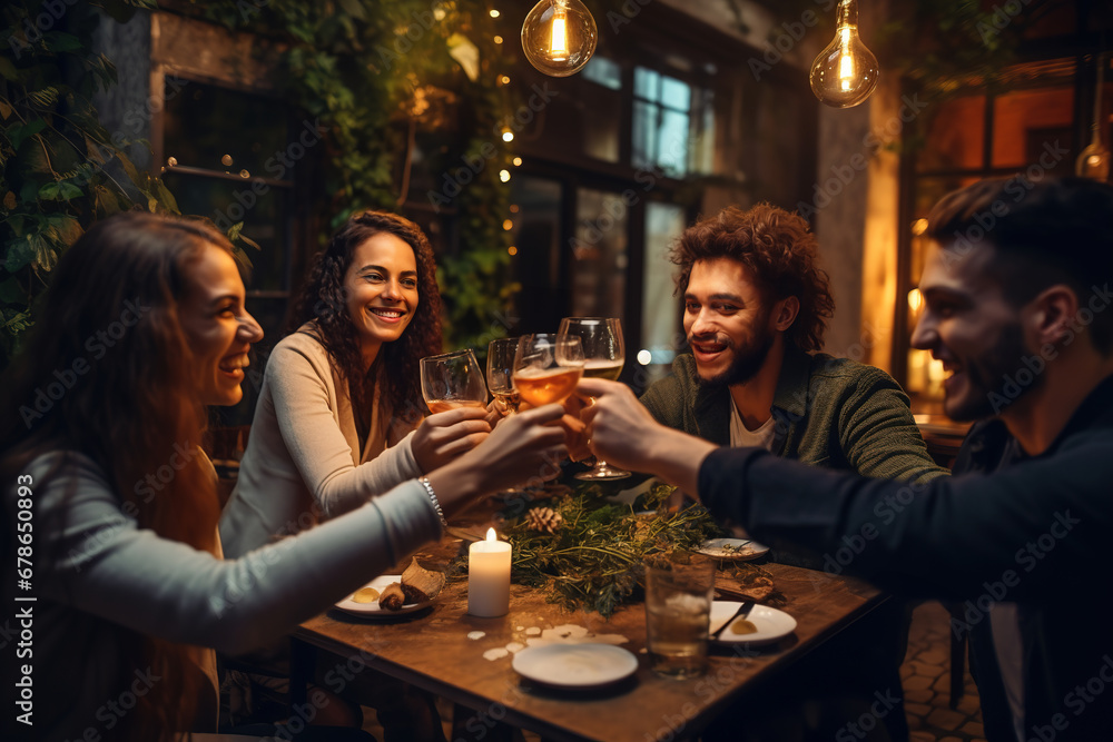 Group of friends clinking and cheering white wine glasses while sitting at table in the pub. Young people having fun and toasting wine together.