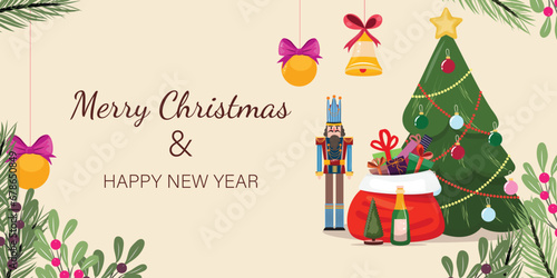 Wallpaper Mural Horizontal Christmas and Happy New Year template with nutcracker, tree, bottle of champagne Torontodigital.ca