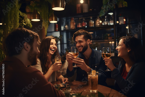 Group of diverse friends enjoying evening drinks in the pub.