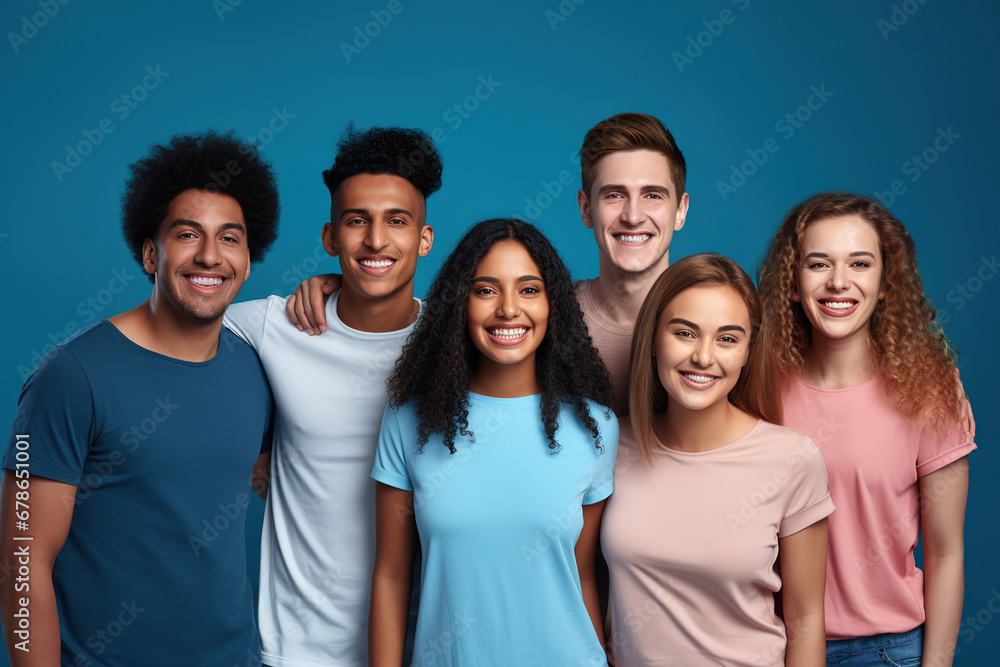 Cheerful young diverse people with toothy smiles posing together and looking at camera against blue background. Cheerful young diverse people with toothy smiles posing together and looking at camera against blue background.