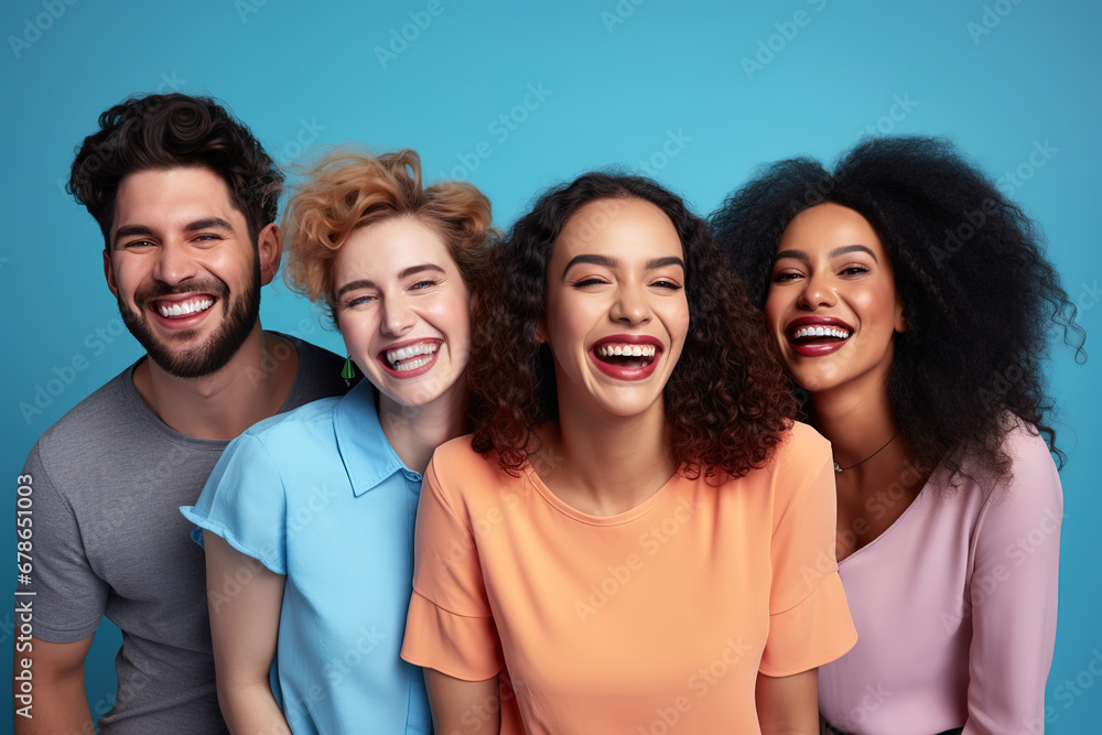 Cheerful young diverse people smiling and looking at camera on blue background. Cheerful young diverse people smiling and looking at camera on blue background.