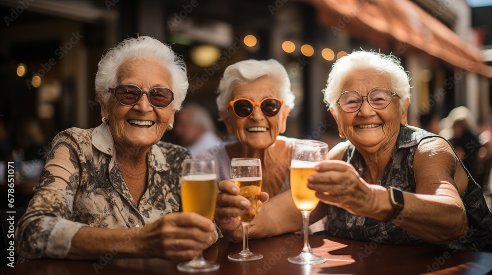 Group of seniors toasting with glasses of beer in a pub.