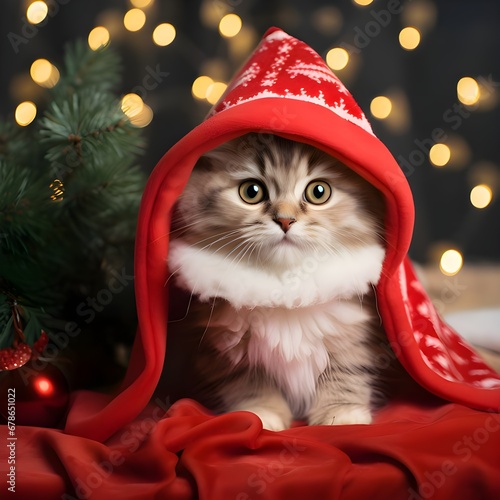 Captivating Christmas Feline: Adorable Cat in Red Attire Sending Warm Christmas Wishes Amidst Festive Decor and Cheerful Christmas Tree (ID: 678651022)