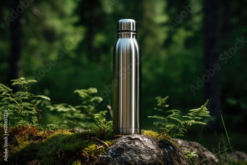 A Stainless Steel Water Bottle On A Rock In The Forest