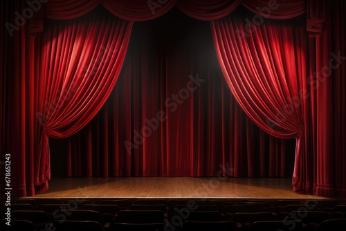 Dramatic Theater Stage With Opening Red Curtains Spotlight Performance