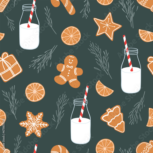 Christmas seamless pattern with gingerbread cookies and milk