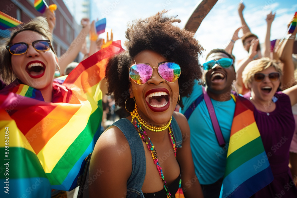 Joyful celebration of diversity at a pride event: Diverse group of people from various cultural backgrounds celebrating together in a vibrant, inclusive atmosphere Joyful celebration of diversity at a pride event: Diverse group of people from various cultural backgrounds celebrating together in a vibrant, inclusive atmosphere