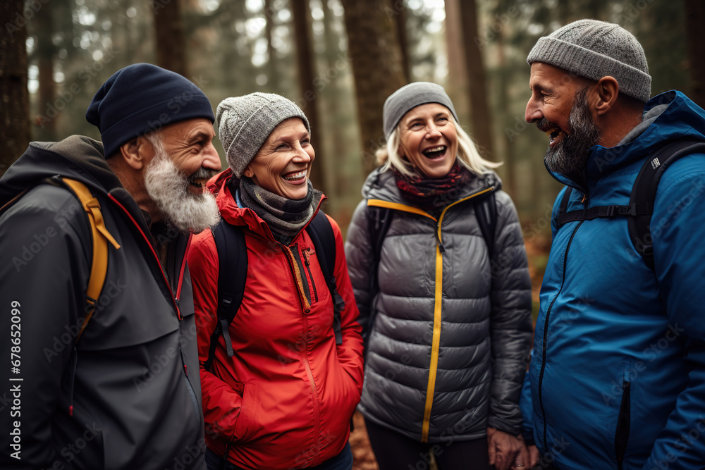 Elderly people taking a break during hiking in the nature. Travel, freedom, active senior lifestyle concept.