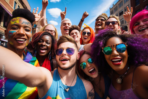Joyful celebration of diversity at a pride event: Diverse group of people from various cultural backgrounds celebrating together in a vibrant, inclusive atmosphere